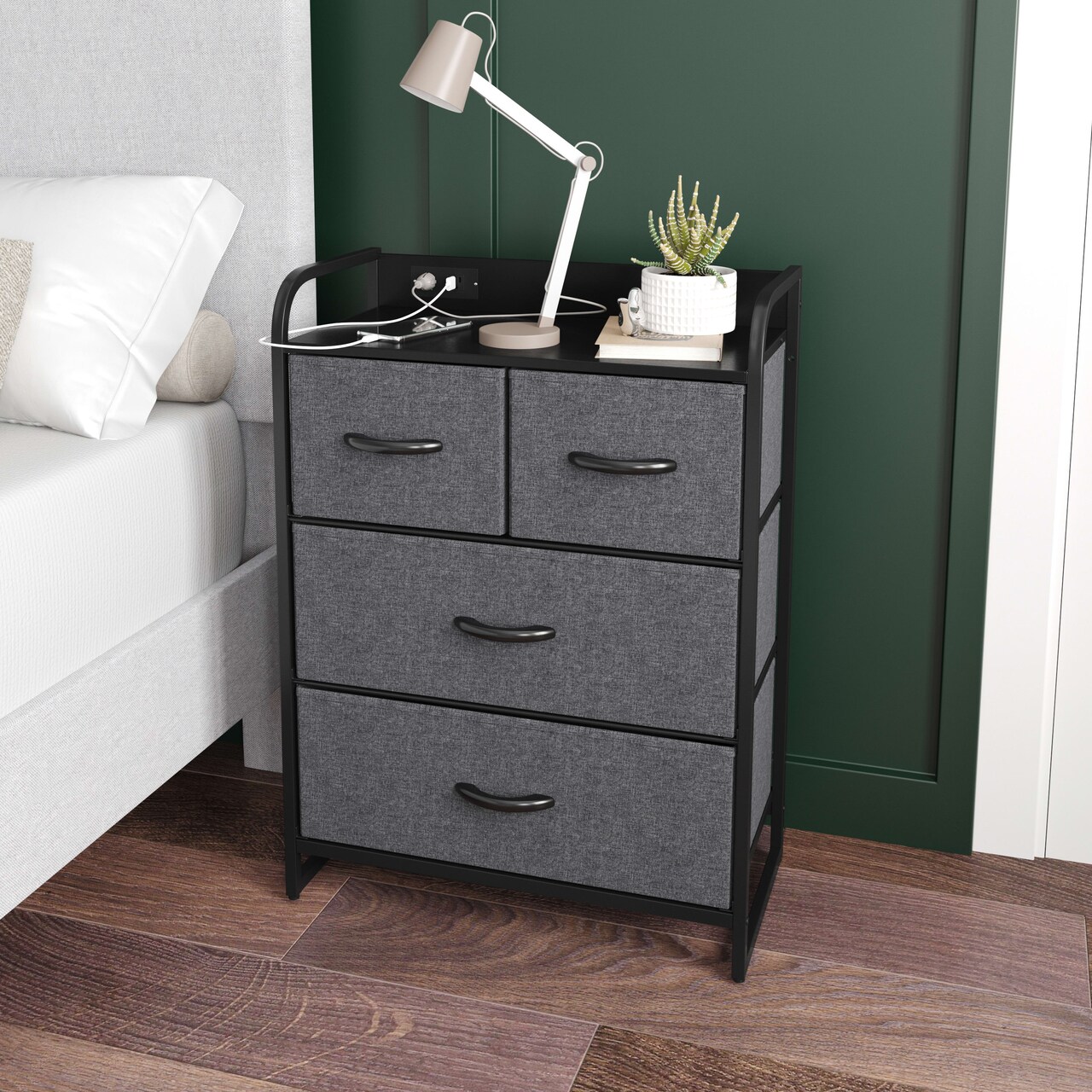 Emma and Oliver Hermes Nightstand with 4 Fabric Drawers, Charging Station with 2 USB Ports/Power Outlet, Engineered Wood Top, Wood Handles, Metal Frame